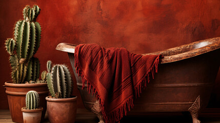 Bathtub and cacti in warm colors convey a sense of calm and tranquility.