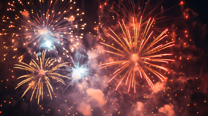 Fototapeta premium Wonderful vivid fireworks exploding on background of black night sky 