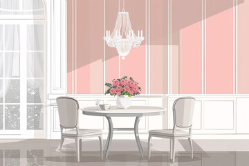 Elegant dinning room in pink colors with crystal chandelier and roses bouquet