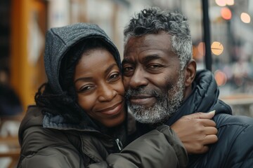 Portrait of a tender multiethnic couple in their 40s sporting a comfortable hoodie isolated on bustling city cafe