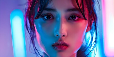 Obraz premium Asian teenager in neon lights with a cyberpunk style and serious expression. Concept Neon Lights, Cyberpunk Style, Serious Expression, Asian Teenager, Edgy Photoshoot