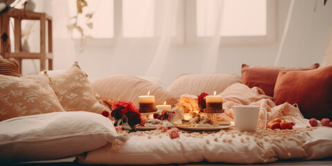 Cozy home indoor picnic setup with pillows, candles, flowers, and snacks