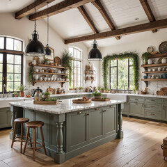 Luxury kitchen interior for a farmhouse with greenery