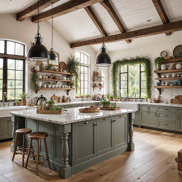 Luxury kitchen interior for a farmhouse with greenery