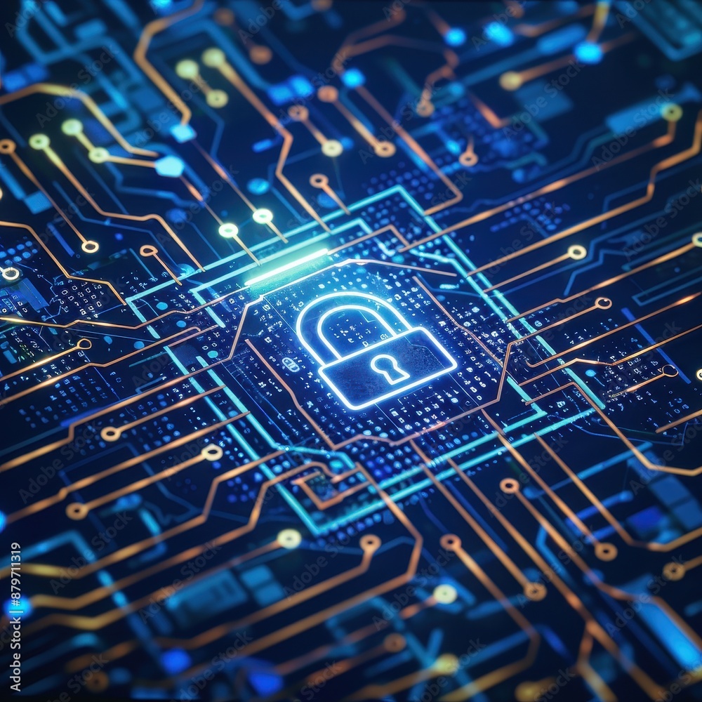 Poster close-up of a digital lock icon on a blue circuit board, representing cybersecurity and technology p