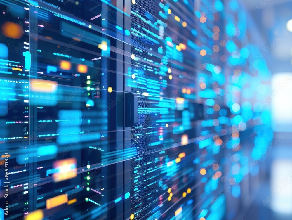 Aufkleber close-up of a modern server room with glowing blue lights, representing advanced technology and data