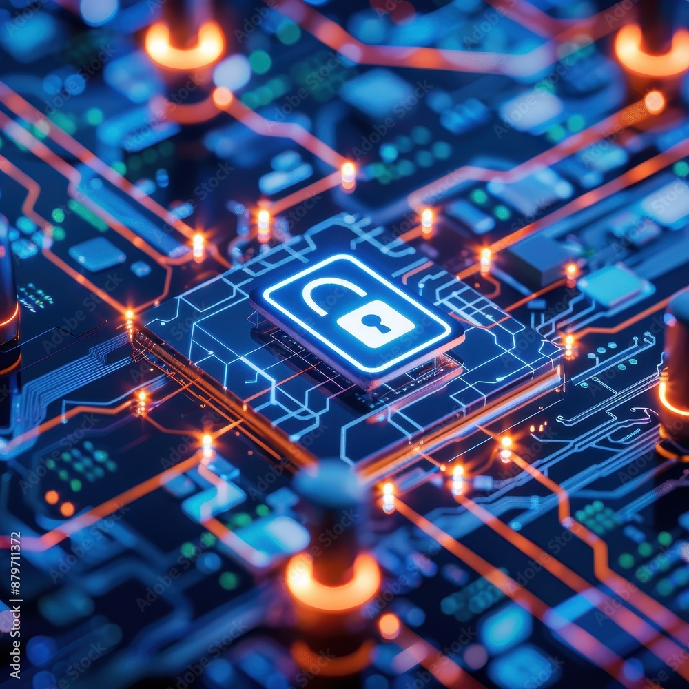 Poster Close-up of a glowing microchip with a lock symbol, representing the concept of cybersecurity and digital data protection.