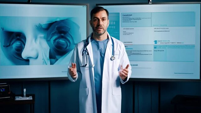 A middle-aged male physician gives a case study to staff members who are not visible.