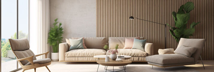 Warm and inviting living room with large windows, comfortable seating, stylish coffee table, and beautiful plants