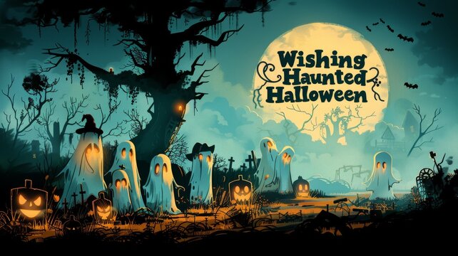 A spooky Halloween postcard depicting a foggy graveyard with ghostly figures, tombstones, and a creepy old tree, with "Wishing You a Haunted Halloween"