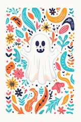 Colorful illustrated ghost with vibrant floral and leaf patterns. Perfect for Halloween and festive decorations.