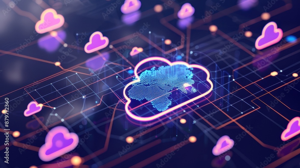 Fototapete Conceptual digital cloud computing background illustration, showcasing network connections and data management technology.