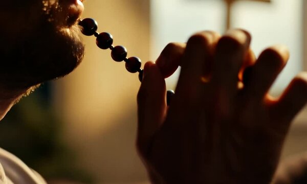 man hand and cross prayer beads in a home with hope, christian praise and religion. Praying.