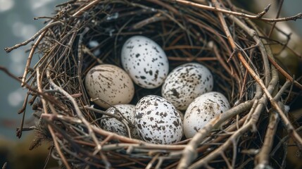 Obraz premium A close-up view of a cormorant’s nest with medium-sized, pale eggs