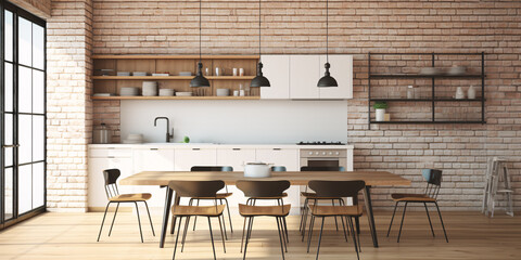 Rustic charm meets modern elegance in this inviting kitchen, where exposed brick walls and a wood dining table create a warm and welcoming atmosphere.