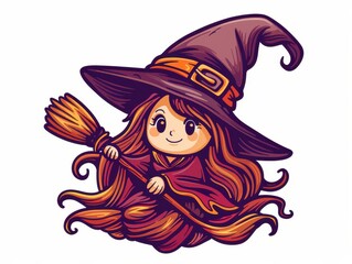 Cute cartoon witch with a large hat and broomstick, perfect for Halloween-themed designs and festive illustrations.