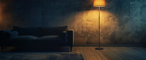 Dark room, dimly lit, empty space.