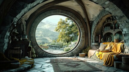 Hobbit Architecture. AI generated art illustration.