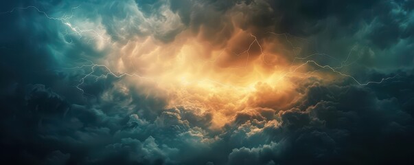 Bright lightning illuminating a cloudy, stormy sky, Lightning and sky, Electric explosion in the sky