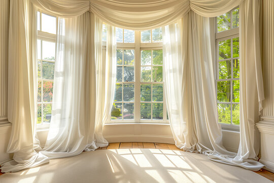Curtains framing a large bay window allowing in a soft glow of sunlight