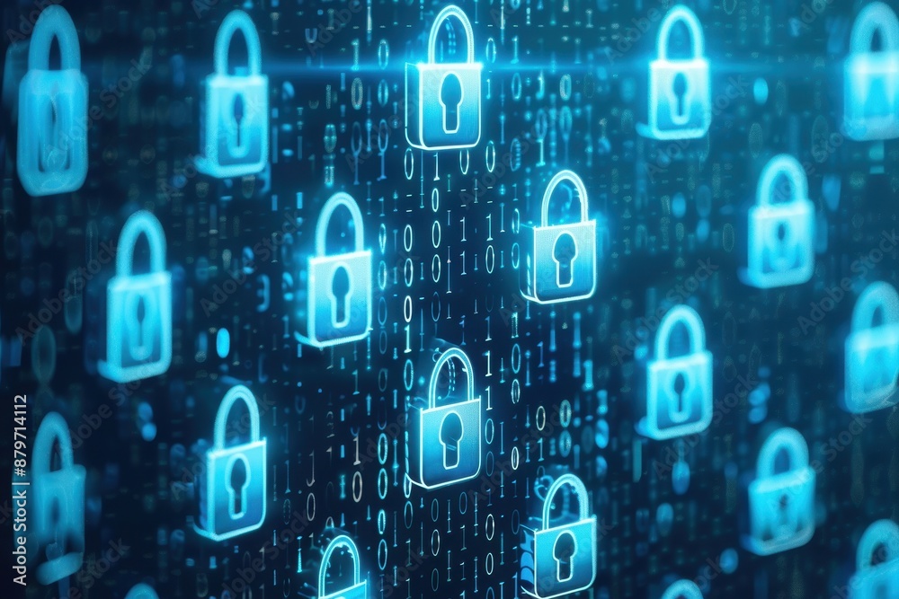 Aufkleber Digital cybersecurity concept with blue padlocks and binary code. Protect data and privacy in a technology-driven world.