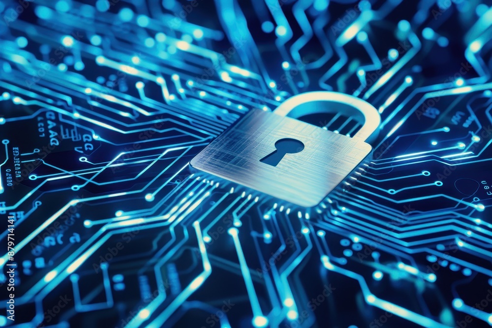 Aufkleber Digital padlock on microchip circuit board symbolizes cybersecurity and data protection in technology-driven environments.