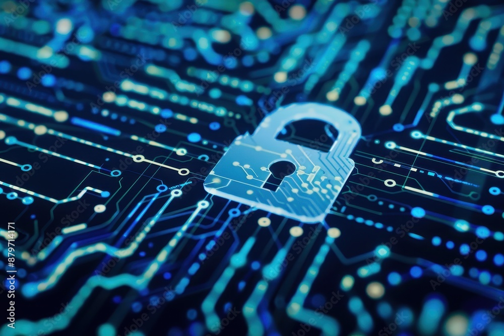 Fototapete Digital security concept with a padlock symbol on a circuit board, representing data protection and cybersecurity in the digital world.