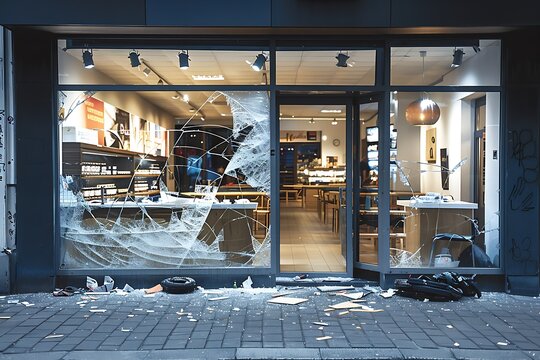 Storefront with shattered glass windows, showing signs of vandalism or accident