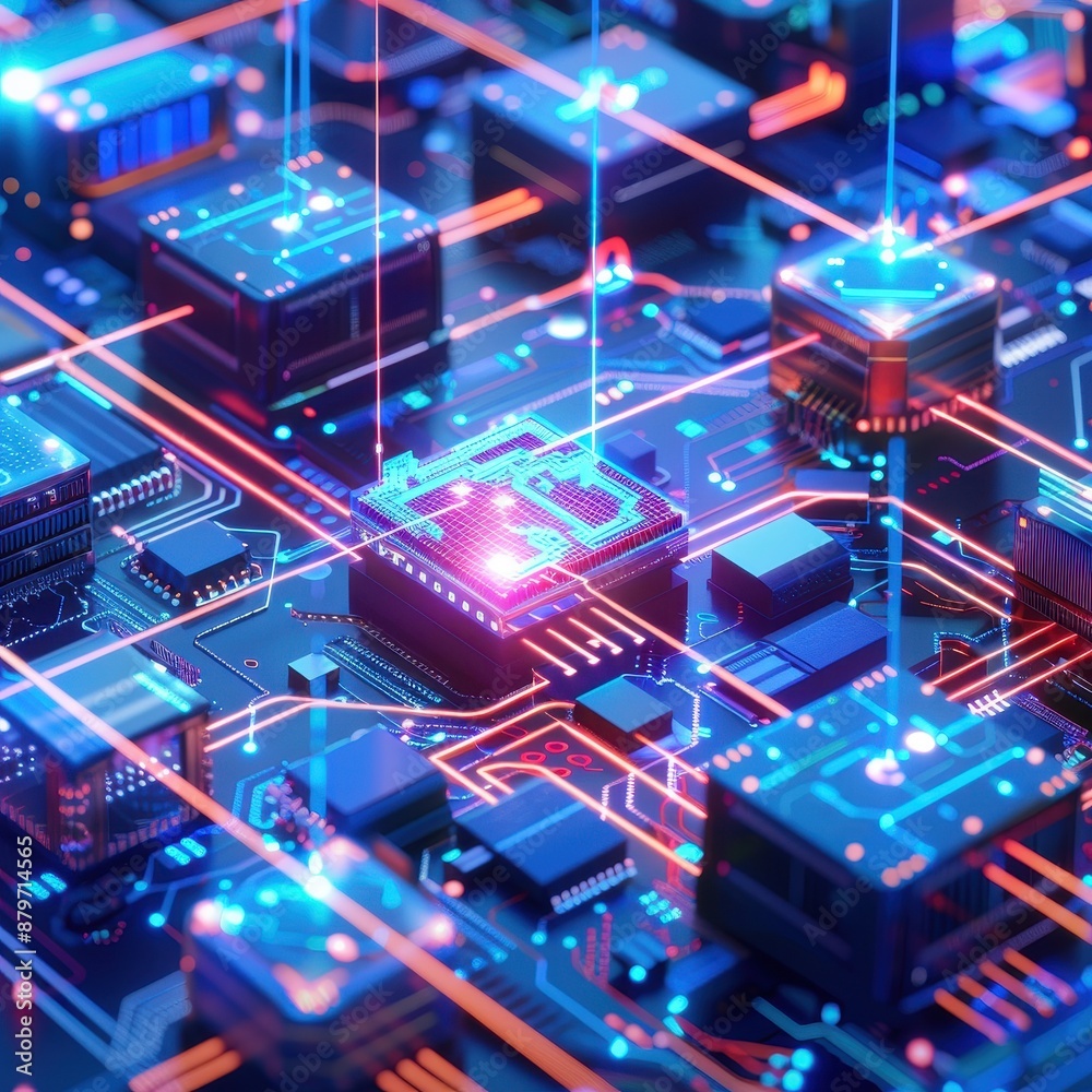 Aufkleber Futuristic circuit board with glowing microchips and intricate circuits, representing advanced technology and digital innovation.