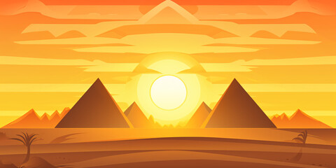 Egyptian pyramids and sun in the desert at sunset in flat cartoon style for your travel or history projects