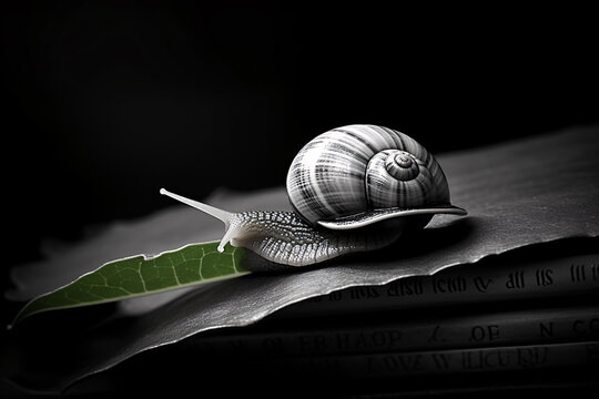 Black and white snail on a green leaf on a pile of old books in a library with a dark background