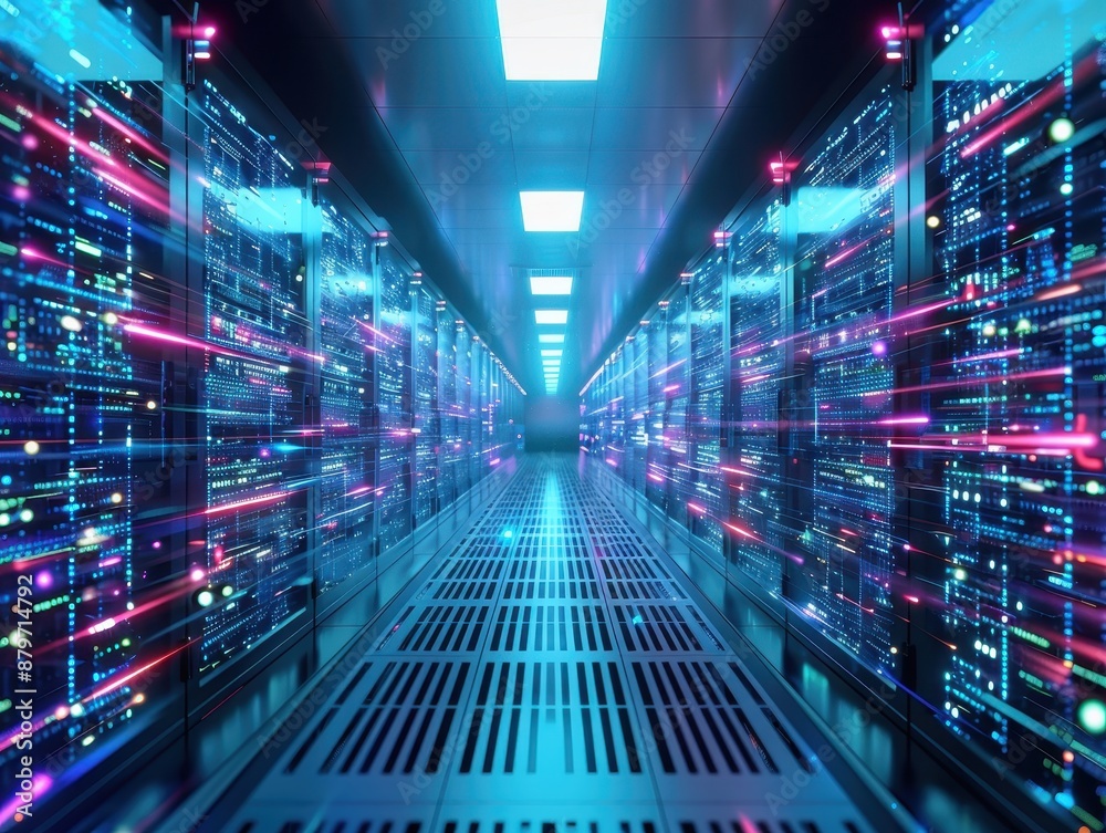 Fototapete futuristic data center with glowing led lights and high-tech server racks, showcasing advanced techn