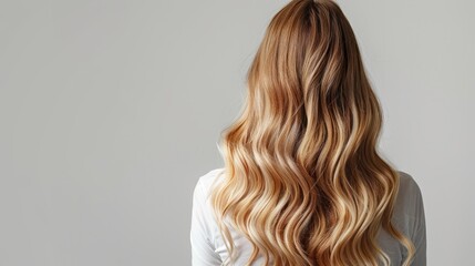 Fototapeta premium Back view of a woman with long wavy blonde hair in a studio