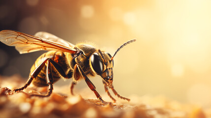 Honeybee in golden sunlight, close-up view.
