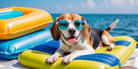 A beagle dog with glasses on an air mattress on the beach