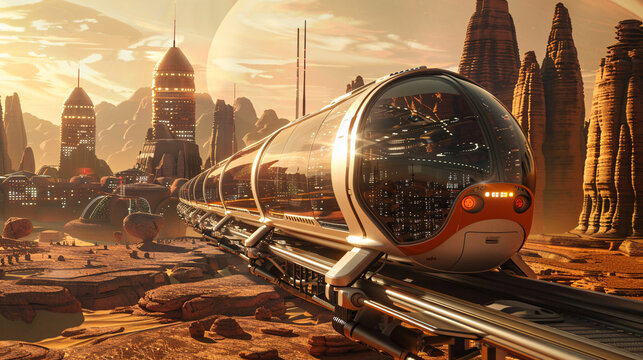 Futuristic cityscape with a sleek and modern train passing through carrying passengers