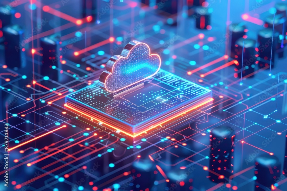 Poster futuristic digital illustration of cloud computing technology with data connections and neon lights,