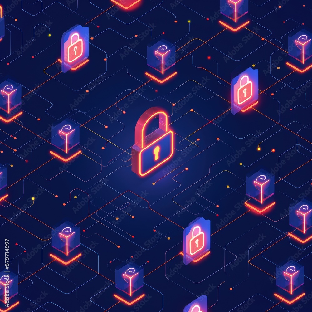Aufkleber futuristic digital security concept with neon padlocks and network connections emphasizing data prot