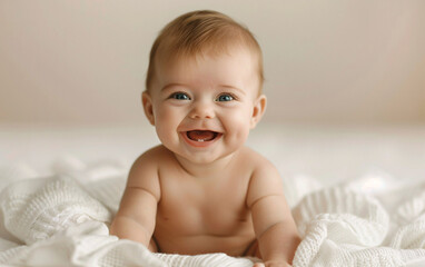 Adorable happy baby boy or girl with blue eyes and blond hair sitting up on a white blanket and smiling at the camera with two visible teeth