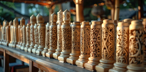 The surface of the bamboo is carved with various patterns, and the bamboo sculptures are placed on the wooden table, and the sculptures are cylindrical. Generative AI.