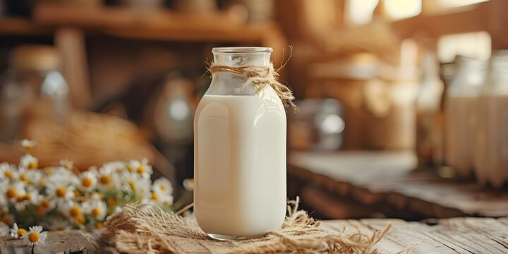 Sustainable Dry Farming Fresh Nonhomogenized Milk with Creamy Top Layer. Concept Sustainable Agriculture, Dry Farming, Non-homogenized Milk, Creamy Top Layer, Fresh Milk