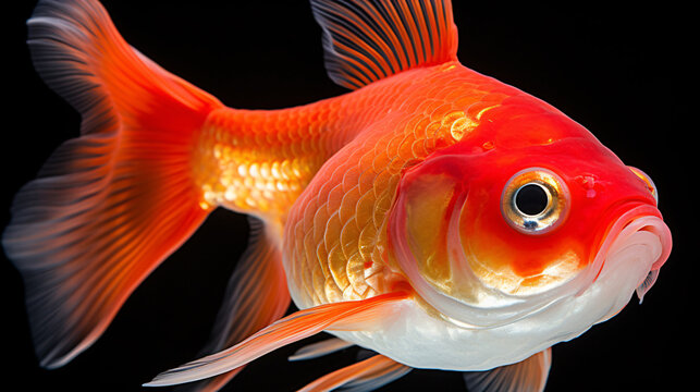 A beautiful orange goldfish with white belly and fins is facing the camera with a curious expression on its face.
