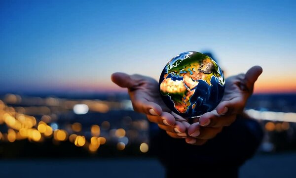 Planet Earth in the hands of a man against the background of the lights of the evening city..