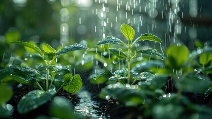 Small, young plants adorned with water droplets thriving in a rain-soaked garden, representing the essence of growth, natural beauty, and resilience amidst nature's nurturing rainfall.