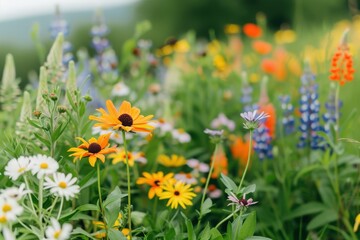 Obraz premium A vibrant field of wildflowers blooming in summer, showcasing a colorful mix of daisies, lupines, and other wildflowers in a natural setting.