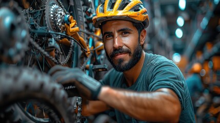 A mechanic wearing a yellow helmet and gloves, engaged in working with bicycle equipment in a busy workshop, showcasing expertise and hands-on mechanical skills.