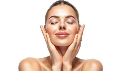 Professional photograph of a young woman with flawless skin, looking refreshed and natural, isolated on white background,, asia,china