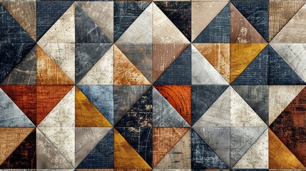 Fototapeta premium A background of geometric patterns resembling patchwork quilts, in faded country colors, with clear space for copy