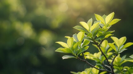Close-up of fresh green leaves basking in warm sunlight, showcasing the beauty of nature in a serene, natural setting
