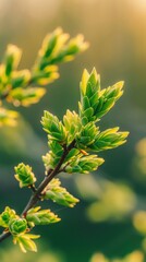 Close-up shot of fresh green leaves on a tree branch basking in warm sunlight, representing spring growth and nature's beauty.